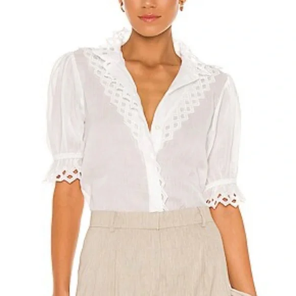 FRAME Elegant Embroidered White Lace Trim Blouse - Picture 4 of 9